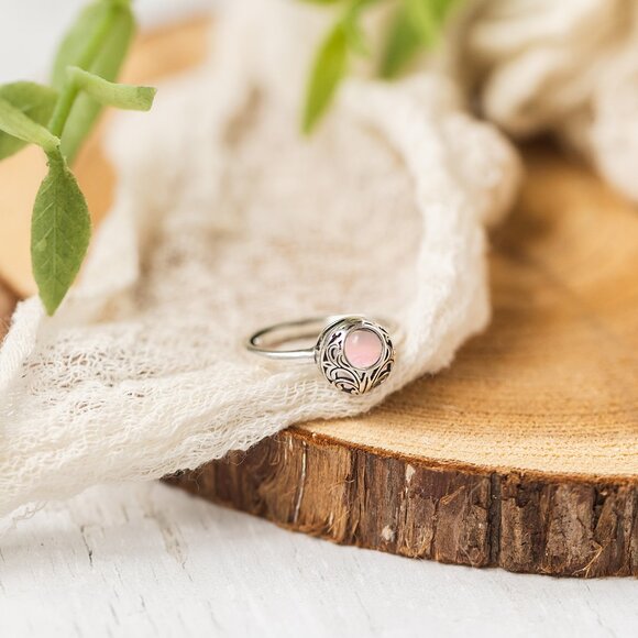 Recycled Antique Pink Depression Glass Sterling Adjustable Vintage Lace Ring - Picture 4 of 6